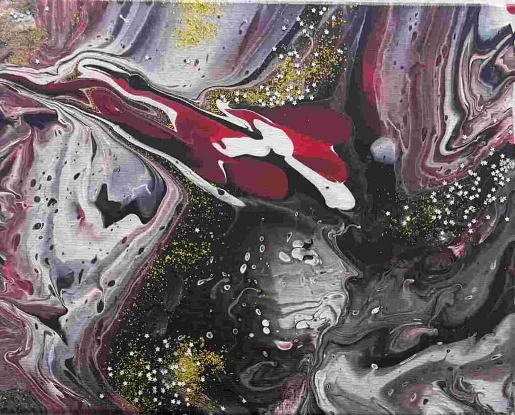 Abstrakti maalaus, jossa on kimalletta.